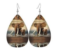 WHJSSF Elephants and Baby Elephants by The Sea Prints Teardrop Leather Earrings - Stylish Dangle Drops for Women, Lightweight Jewelry with Silver-Plated Hooks, Vibrant Colors for Parties & Gifts