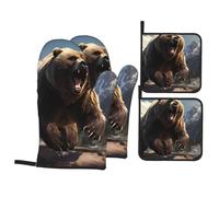 WHJSSF Fierce Grizzly Bears Prints Kitchen baking four-piece set Includes 2 Insulated Gloves and 2 Pot Lid Pads with Pockets anti-scalding and heat-insulating