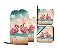 WHJSSF Flamingo Print Oven Mitts and Pot Holders Set, Waterproof Polyester, Heat Resistant, 4 Piece