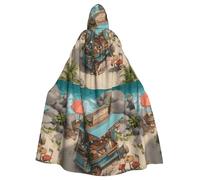 WHJSSF Food trucks on the beach Pattern Halloween Adult Hooded Cape Cloak with Bow Tie for Costume Parties, Cosplay