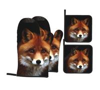 WHJSSF Fox Print Oven Mitts and Pot Holders Set, Waterproof Polyester, Black, 21 x 21 cm, 4 Piece