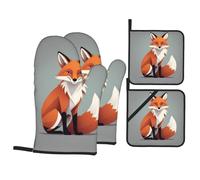 WHJSSF Fox Print Oven Mitts and Pot Holders Set, Waterproof Polyester, Grey, 21 x 21 cm, 4 Piece
