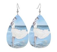 WHJSSF Girl On A Windy Beach Prints Dangle Water Drop Earrings - Chic Faux Leather Drops for Festive & Everyday Style