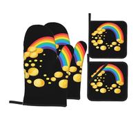 WHJSSF Gold Coins Under The Rainbow Prints 4-Piece Oven Mitts & Pot Holders Set - Waterproof Kitchen Layers & Heat Resistant Grip - Durable Throw for Cooking, Baking & BBQ
