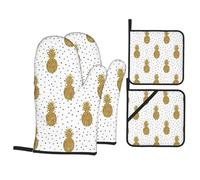 WHJSSF Gold Glitter Pineapples Oven Mitts and Pot Holders Set, Black, Waterproof Polyester, 21 x 21 cm, 4 Piece