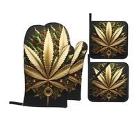 WHJSSF Golden Cannabis Printing Kitchen baking four-piece set Includes 2 Insulated Gloves and 2 Pot Lid Pads with Pockets anti-scalding and heat-insulating