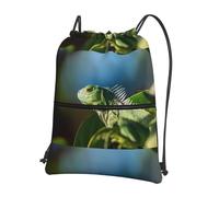 WHJSSF Green Lizard Prints Drawstring Zipper Backpack - Lightweight Water-Resistant Sport Gym Travel Bag with Front Pocket & Internal Organizer