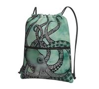 WHJSSF Green Octopus Prints Drawstring Zipper Backpack - Lightweight Water-Resistant Sport Gym Bag with Front Pocket & Internal Organizer - Perfect for Travel, Yoga & Hiking