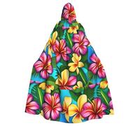 WHJSSF Hawaiian Colorful Flower Printed Halloween Adult Hooded Cape Large Hooded Cloak with Bow Tie, No Zipper