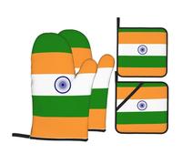 WHJSSF Indian Flag Prints 4-Piece Oven Mitts & Pot Holders Set - Waterproof Kitchen Layers & Heat Resistant Grip - Durable Throw for Cooking, Baking & BBQ