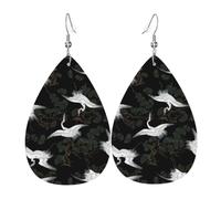 WHJSSF Japanese Crane & Pine Prints Teardrop Leather Earrings - Lightweight Dangle Earrings for Women, Vivid Color Faux Leather Drops with Silver Plated Hooks, Stylish Accessories for Parties & Gifts