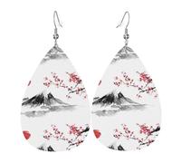 WHJSSF Japanese Mount Red Sun Prints Teardrop Leather Earrings - Lightweight Dangle Earrings for Women, Vivid Color Faux Leather Drops with Silver Plated Hooks, Stylish Accessories for Parties & Gifts
