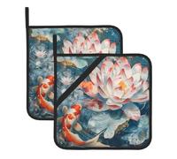 WHJSSF Koi plays lotus Prints Square Insulation Pot Mat 2 Pieces Thick and durable with lanyard for Microwave Ovens, Ovens, Outdoor Grilling