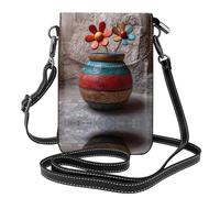 WHJSSF Leather Crossbody Small Cell Phone Purse 7.6x4.9in Flowers In The Painted Pottery Prints For Walking, Camping, Shopping, Travel, And Outdoor Use