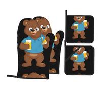 WHJSSF Little brown bear drinking beer Prints Kitchen baking four-piece set Includes 2 Insulated Gloves and 2 Pot Lid Pads with Pockets anti-scalding and heat-insulating