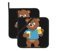 WHJSSF Little brown bear drinking beer Prints Square Insulation Pot Mat 2 Pieces Thick and durable with lanyard for Microwave Ovens, Ovens, Outdoor Grilling