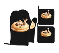 WHJSSF Little camel on a donut Prints Kitchen baking four-piece set Includes 2 Insulated Gloves and 2 Pot Lid Pads with Pockets anti-scalding and heat-insulating