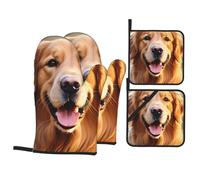 WHJSSF Lovely Golden Retriever Dog Printing Kitchen baking four-piece set Includes 2 Insulated Gloves and 2 Pot Lid Pads with Pockets anti-scalding and heat-insulating