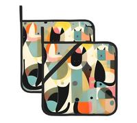 Whjssf Mid-Century Modern Art Cat Prints Square Hot Pads For Kitchen - Waterproof Trivets, Durable Pot Covers With Hanging Loops - Set Of 2 (One With Pocket)