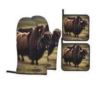 WHJSSF Mighty Highland Yak Prints 4-Piece Oven Mitts & Pot Holders Set - Waterproof Kitchen Layers & Heat Resistant Grip - Durable Throw for Cooking, Baking & BBQ