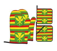 WHJSSF Native Hawaiian Flag Oven Mitts and Pot Holders Set, Waterproof Polyester, Heat-Resistant, Red Yellow Green, 21 x 21 cm, 4 Piece