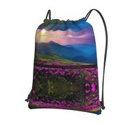WHJSSF Nature Purple Flowers Meadow Mountain Scenic Prints Drawstring Zipper Backpack - Lightweight Water-Resistant Sport Gym Travel Bag with Front Pocket & Internal Organizer