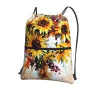WHJSSF Oil Painting Sunflower Prints Drawstring Zipper Backpack - Lightweight Water-Resistant Sport Gym Bag with Front Pocket & Internal Organizer - Perfect for Travel, Yoga & Hiking