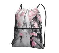WHJSSF Paris Street Eiffel Tower Pink Floral Prints Drawstring Zipper Backpack - Lightweight Foldable Gym Bag, Travel Duffel with Front Pocket & Interior Organizer
