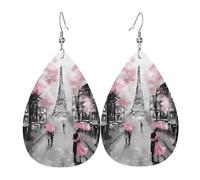 WHJSSF Paris Street Eiffel Tower Pink Floral Prints Drip Leather Earrings - Stylish Faux Leather Drops for Women & Girls - Lightweight Dangling Charms for Party & Holiday Gifts