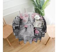 WHJSSF Paris Street Eiffel Tower Pink Floral Prints Round Decorative Tablecloth 60in - High-Grade Polyester Table Throw for Dining & Outdoor Parties