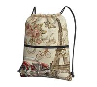 WHJSSF Paris Vintage Postcard Prints Drawstring Zipper Backpack - Lightweight Foldable Gym Bag, Travel Duffel with Front Pocket & Interior Organizer