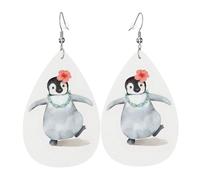 WHJSSF Penguin Wearing Flowers Prints Teardrop Leather Earrings - Stylish Dangle Drops for Women, Lightweight Jewelry with Silver-Plated Hooks, Vibrant Colors for Parties & Gifts