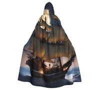WHJSSF Pirate Sailboat Full Moon Prints Halloween Adult Hooded Cape Cloak - Super Large Hooded Cloak No Zipper
