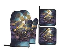 WHJSSF Plants under the moonlight Prints Kitchen baking four-piece set Includes 2 Insulated Gloves and 2 Pot Lid Pads with Pockets anti-scalding and heat-insulating