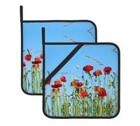 Whjssf Poppies On Blue Sky Prints Square Hot Pads For Kitchen - Waterproof Trivets, Durable Pot Covers With Hanging Loops - Set Of 2 (One With Pocket)