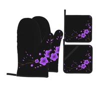 WHJSSF Purple Flowers in Dead Branches Prints 4-Piece Oven Mitts & Pot Holders Set - Waterproof Kitchen Layers & Heat Resistant Grip - Durable Throw for Cooking, Baking & BBQ