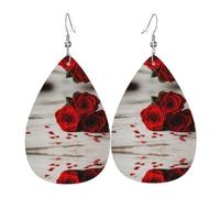 WHJSSF Red Rose Prints Teardrop Leather Earrings - Lightweight Dangle Earrings for Women, Vivid Color Faux Leather Drops with Silver Plated Hooks, Stylish Accessories for Parties & Gifts
