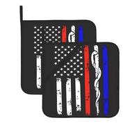 Whjssf Red Stripe Firefighter Usa Flag Prints Square Hot Pads For Kitchen - Waterproof Trivets, Durable Pot Covers With Hanging Loops - Set Of 2 (One With Pocket)
