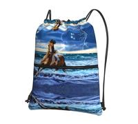 WHJSSF Running Horse Prints Drawstring Zipper Backpack - Lightweight Water-Resistant Sport Gym Travel Bag with Front Pocket & Internal Organizer
