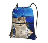 WHJSSF Santorini Greek Island Sea View Prints Drawstring Zipper Backpack - Lightweight Water-Resistant Sport Gym Bag with Front Pocket & Internal Organizer - Perfect for Travel, Yoga & Hiking