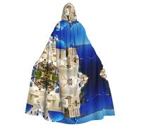 WHJSSF Santorini Greek Island Sea View Prints Hooded Cloak - Long Halloween Throw, Cozy Costume Layer with Drawstring