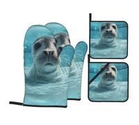 WHJSSF Seals in the pool Prints Kitchen baking four-piece set Includes 2 Insulated Gloves and 2 Pot Lid Pads with Pockets anti-scalding and heat-insulating