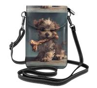 WHJSSF Small Cell Phone Purse 7.6x4.9in A Puppy Gnawing On The Bones Printed Leather Crossbody Flap Phone Case For Women, Perfect For Walking, Camping