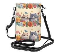 WHJSSF Small Cell Phone Purse 7.6x4.9in Funny Cats Birds And Flowers Printed Leather Crossbody Flap Phone Case For Women, Perfect For Walking, Camping