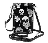 Whjssf Small Cell Phone Purse 7.6x4.9in Horrible Dark Skulls Flowers Pattern Printed Leather Crossbody Flap Phone Case For Women, Perfect For Walking, Camping