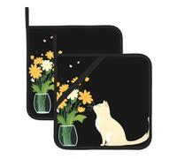 WHJSSF Spirit cat Sniffs Flowers Printed Square Insulation Pot Mat (Two-Piece Set) for Kitchen Lid Removal, Microwave Ovens, Ovens, Featuring Side Hanging Rope