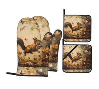 WHJSSF Squirrel chasing butterflies Prints Kitchen baking four-piece set Includes 2 Insulated Gloves and 2 Pot Lid Pads with Pockets anti-scalding and heat-insulating