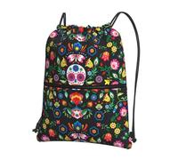 WHJSSF Sugar Horror Skull and Flowers Prints Drawstring Zipper Backpack - Lightweight Water-Resistant Sport Gym Bag with Front Pocket & Internal Organizer - Perfect for Travel, Yoga & Hiking