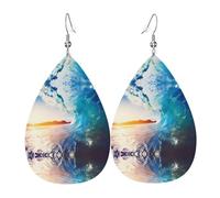 WHJSSF Sunset Sea Surfing Seascape Prints Teardrop Leather Earrings - Stylish Dangle Drops for Women, Lightweight Jewelry with Silver-Plated Hooks, Vibrant Colors for Parties & Gifts