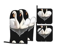 WHJSSF Swan in love Printing Kitchen baking four-piece set Includes 2 Insulated Gloves and 2 Pot Lid Pads with Pockets anti-scalding and heat-insulating